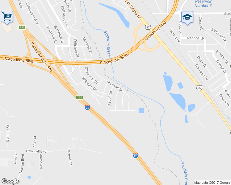 map of restaurants, bars, coffee shops, grocery stores, and more near 1712 Whitehall Road in Colorado Springs