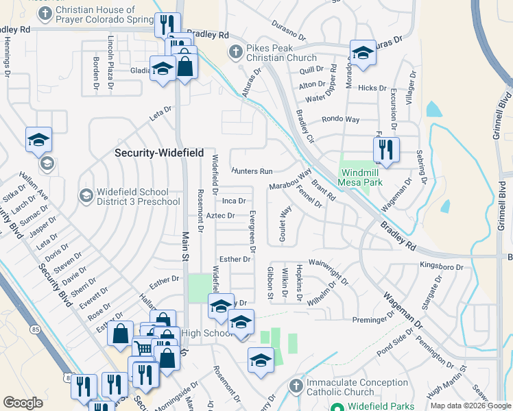 map of restaurants, bars, coffee shops, grocery stores, and more near 1409 Evergreen Drive in Colorado Springs