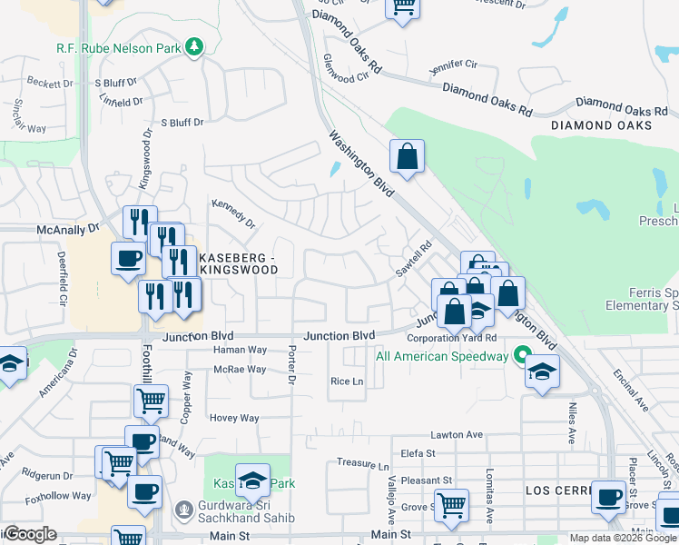 map of restaurants, bars, coffee shops, grocery stores, and more near 104 Rider Court in Roseville
