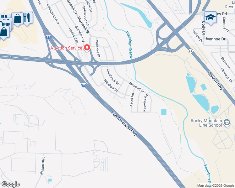 map of restaurants, bars, coffee shops, grocery stores, and more near 3202 Cliveden Heights in Colorado Springs
