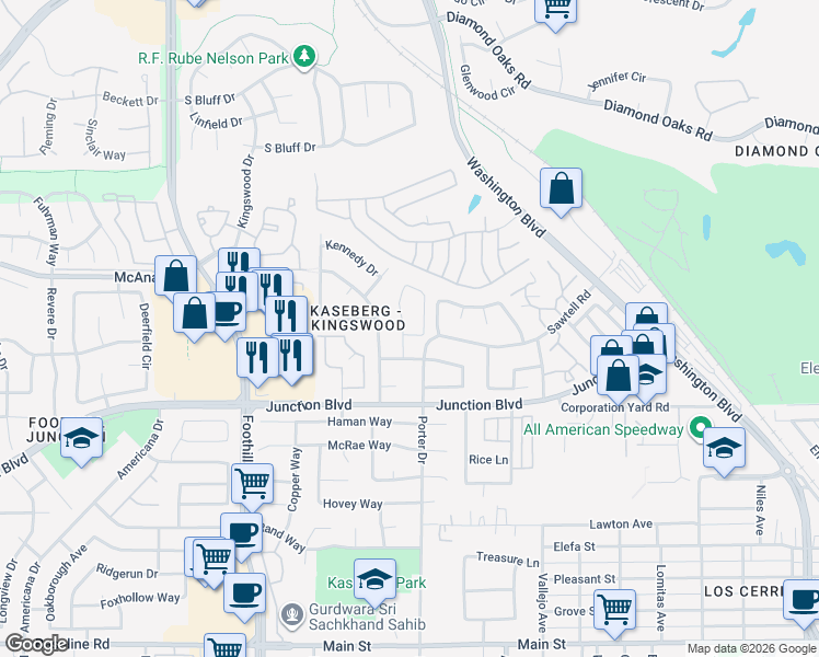 map of restaurants, bars, coffee shops, grocery stores, and more near 1310 Harrison Drive in Roseville
