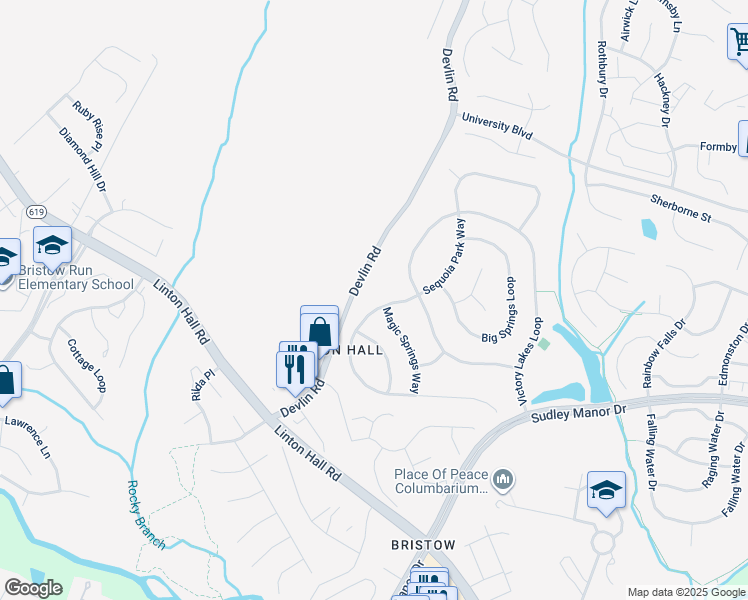 map of restaurants, bars, coffee shops, grocery stores, and more near 9016 Acadia Park Drive in Bristow