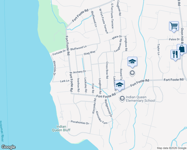 map of restaurants, bars, coffee shops, grocery stores, and more near 9204 Friar Road in Fort Washington