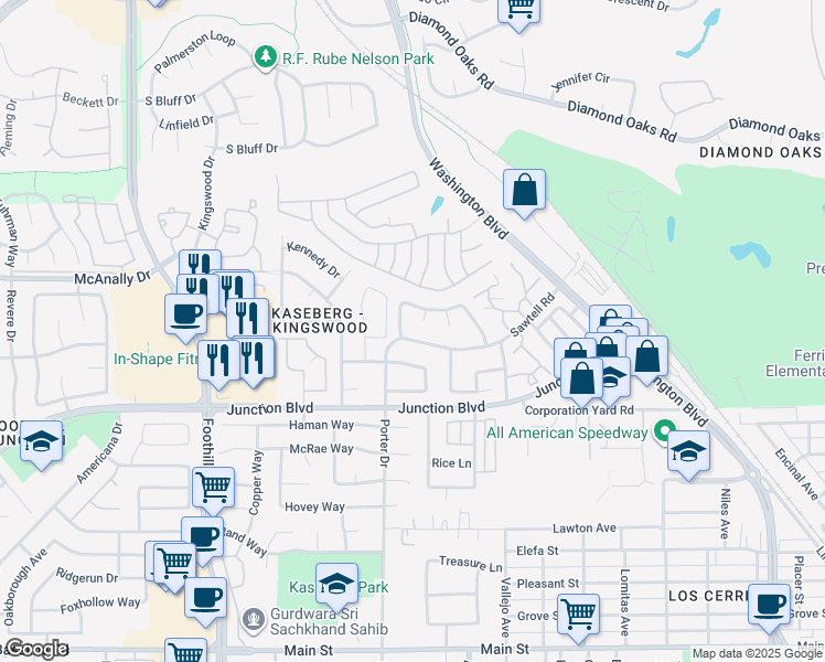 map of restaurants, bars, coffee shops, grocery stores, and more near 350 Sawtell Road in Roseville