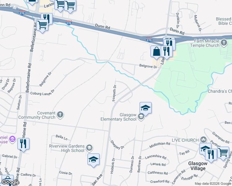 map of restaurants, bars, coffee shops, grocery stores, and more near 10638 Foxpath Drive in St. Louis