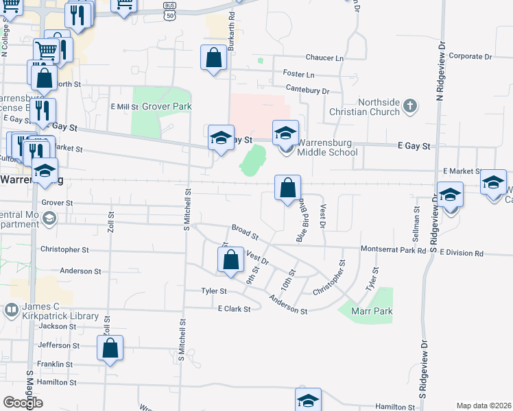 map of restaurants, bars, coffee shops, grocery stores, and more near 943 Ridge Drive in Warrensburg