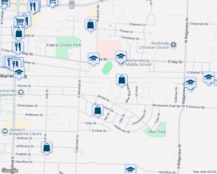 map of restaurants, bars, coffee shops, grocery stores, and more near 943 Ridge Drive in Warrensburg