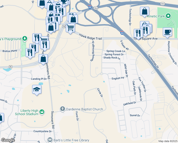 map of restaurants, bars, coffee shops, grocery stores, and more near 226 Spring Borough Drive in O'Fallon