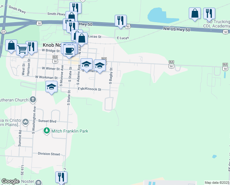 map of restaurants, bars, coffee shops, grocery stores, and more near 605 East McKissock Street in Knob Noster