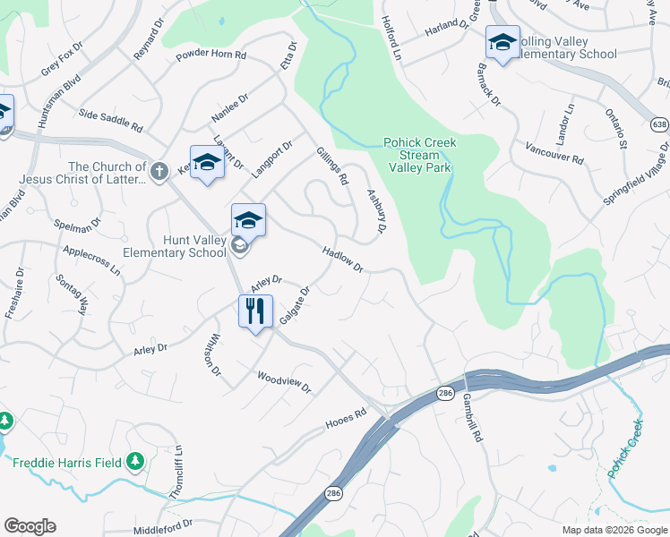 map of restaurants, bars, coffee shops, grocery stores, and more near 7103 Galgate Drive in Springfield