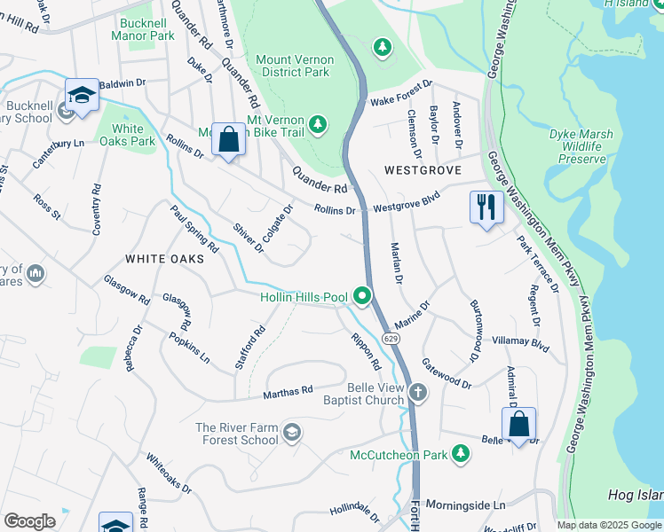 map of restaurants, bars, coffee shops, grocery stores, and more near 7116 Fort Hunt Road in Alexandria