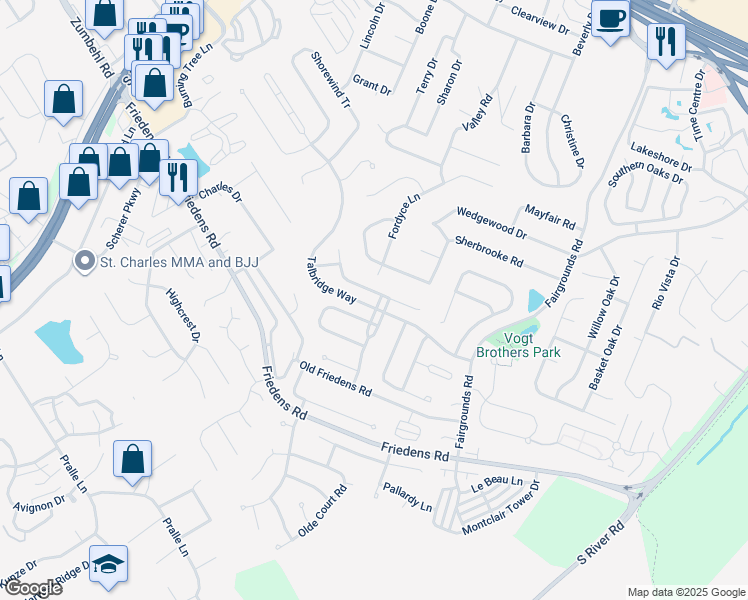 map of restaurants, bars, coffee shops, grocery stores, and more near 1029 Gardenbridge Place in Saint Charles