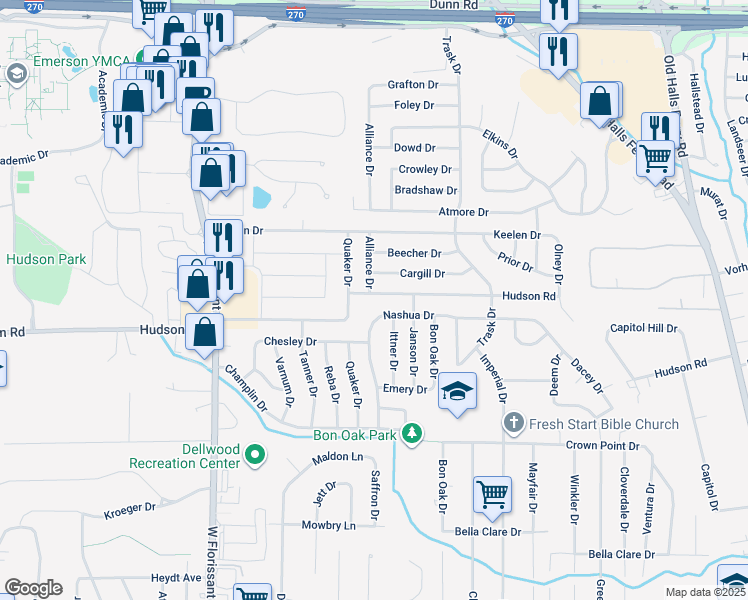 map of restaurants, bars, coffee shops, grocery stores, and more near 1700 Hudson Road in St. Louis