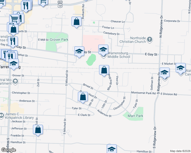 map of restaurants, bars, coffee shops, grocery stores, and more near 943 Ridge Drive in Warrensburg