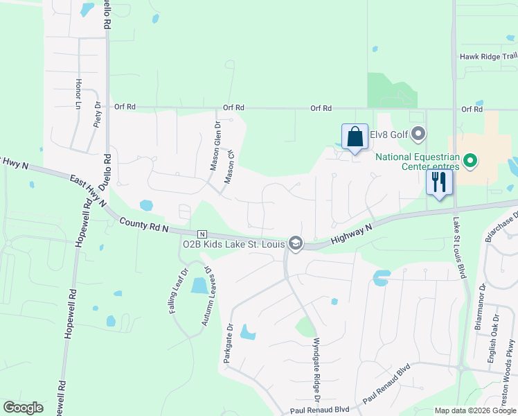 map of restaurants, bars, coffee shops, grocery stores, and more near 110 Eckstein Lane in Lake Saint Louis