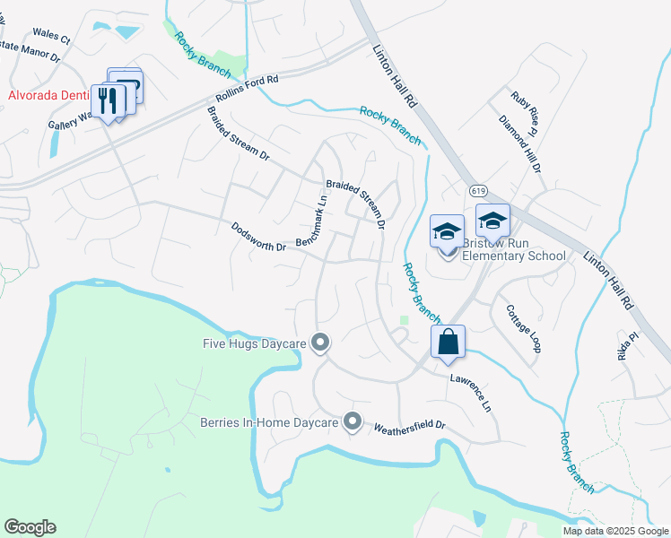 map of restaurants, bars, coffee shops, grocery stores, and more near 13521 Dodsworth Drive in Bristow