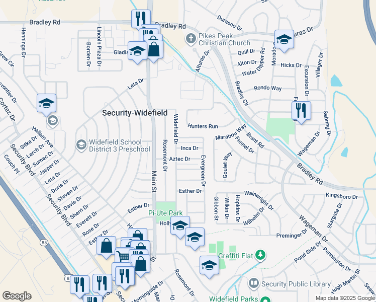 map of restaurants, bars, coffee shops, grocery stores, and more near 513 Inca Drive in Colorado Springs