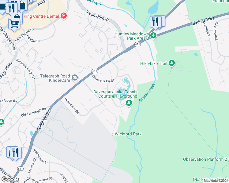 map of restaurants, bars, coffee shops, grocery stores, and more near 5327 Lake Cove Court in Alexandria