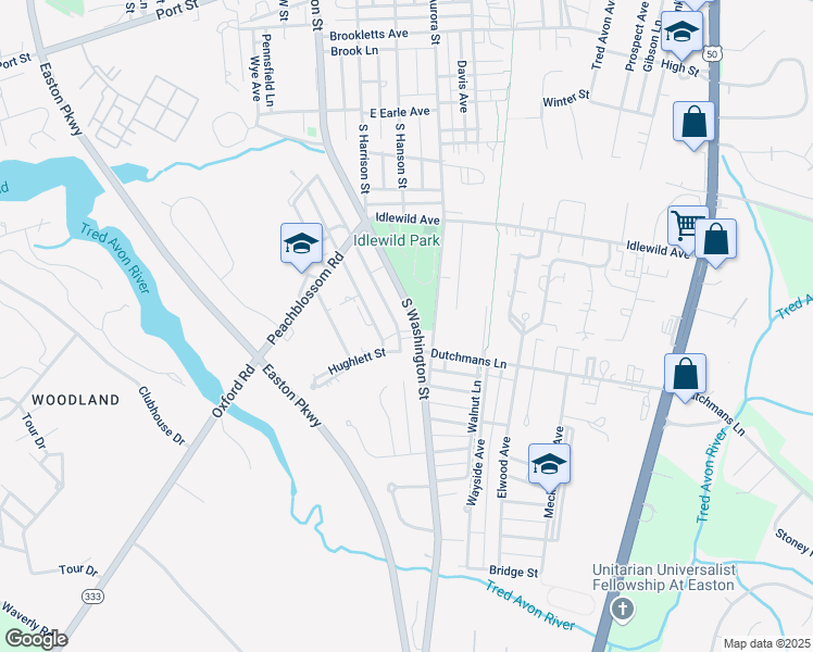 map of restaurants, bars, coffee shops, grocery stores, and more near 529 South Washington Street in Easton