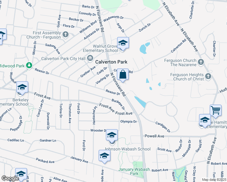 map of restaurants, bars, coffee shops, grocery stores, and more near 25 Reasor Drive in St. Louis