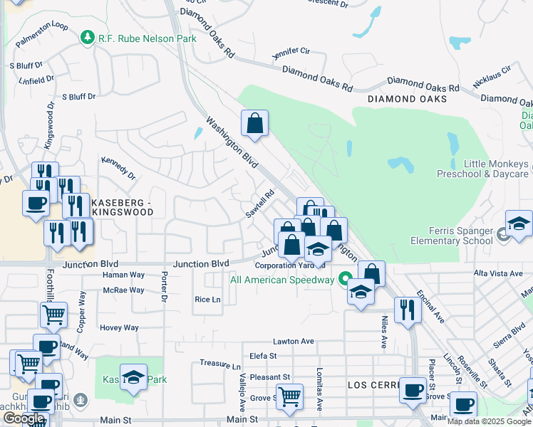 map of restaurants, bars, coffee shops, grocery stores, and more near 1313 Manza Circle in Roseville