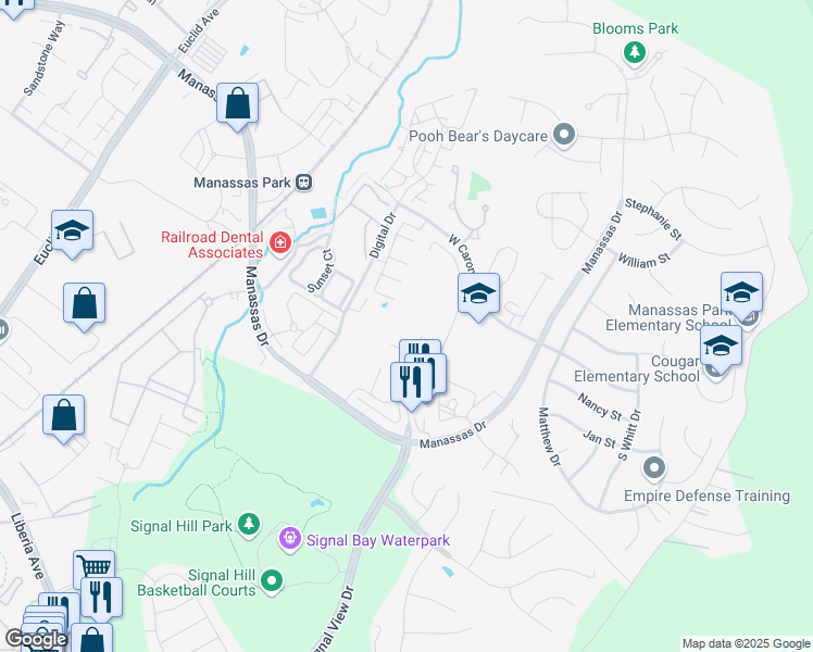 map of restaurants, bars, coffee shops, grocery stores, and more near 9233 Kristy Drive in Manassas Park