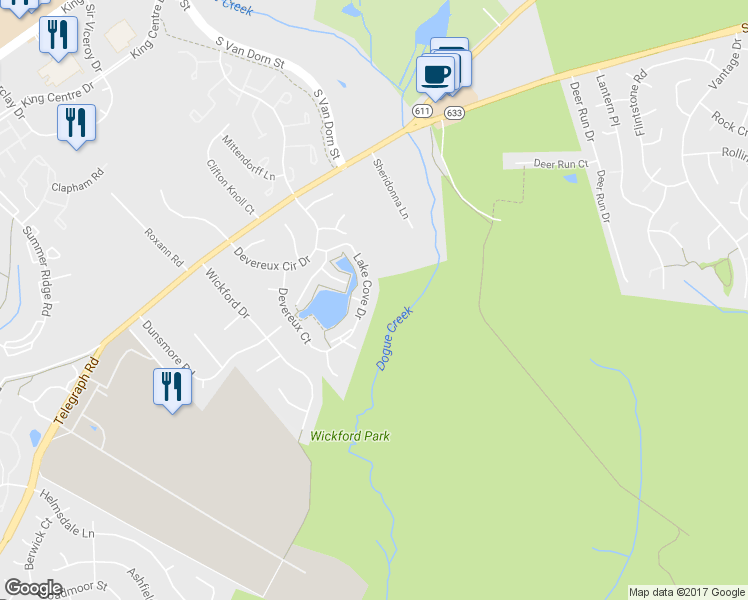map of restaurants, bars, coffee shops, grocery stores, and more near 7165 Lake Cove Drive in Alexandria