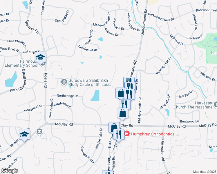 map of restaurants, bars, coffee shops, grocery stores, and more near 48 Hidden Lake Court in St. Peters