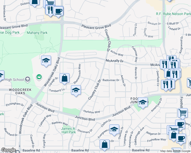 map of restaurants, bars, coffee shops, grocery stores, and more near 1023 Wailea Way in Roseville
