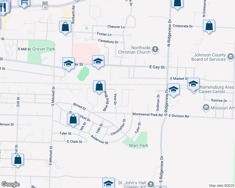 map of restaurants, bars, coffee shops, grocery stores, and more near 1213 Vest Drive in Warrensburg