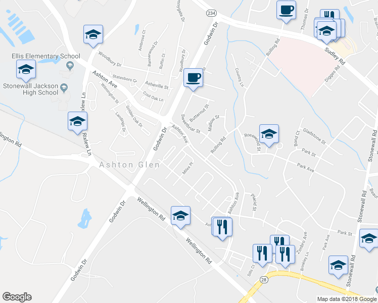 map of restaurants, bars, coffee shops, grocery stores, and more near 8962 Miles Place in Manassas