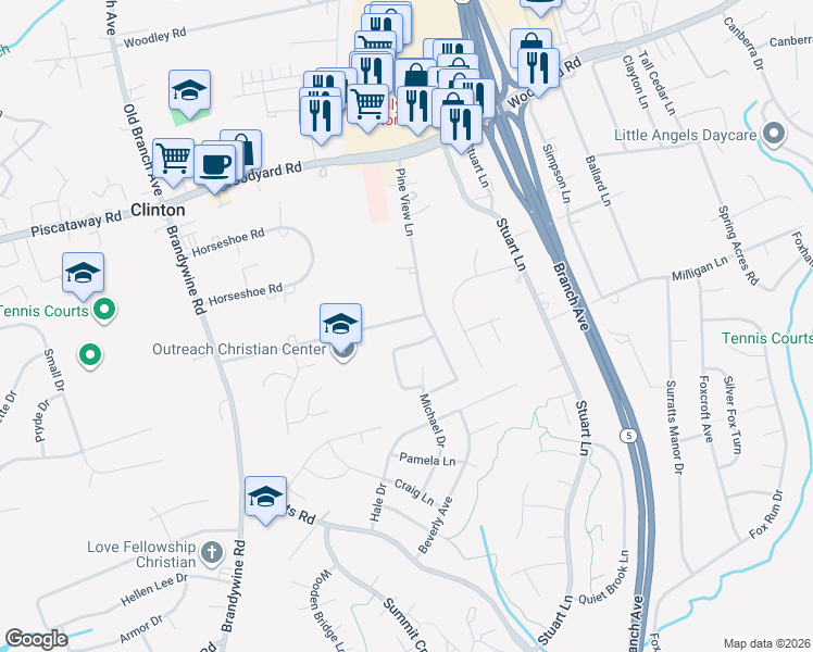 map of restaurants, bars, coffee shops, grocery stores, and more near 6809 Clinton Manor Drive in Clinton