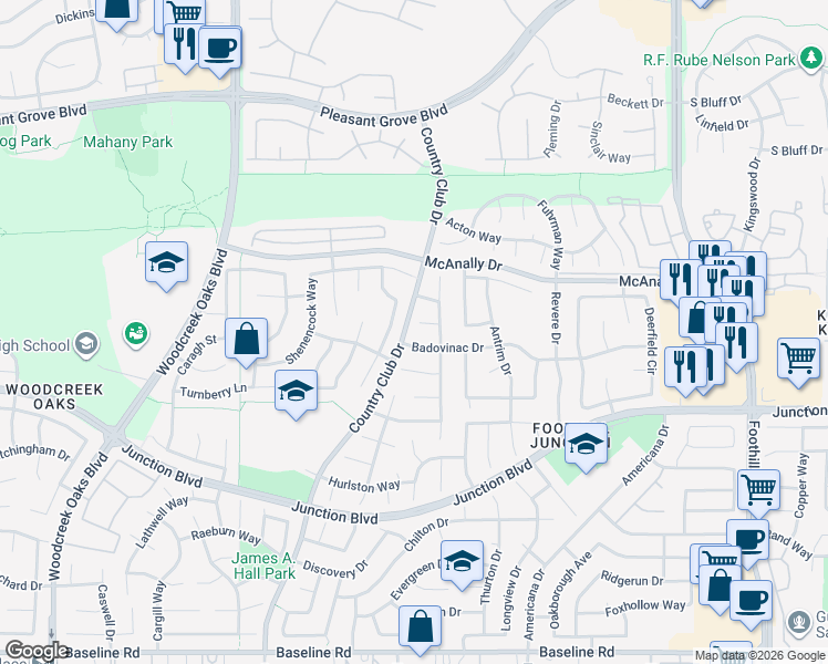 map of restaurants, bars, coffee shops, grocery stores, and more near 507 Bromley Court in Roseville