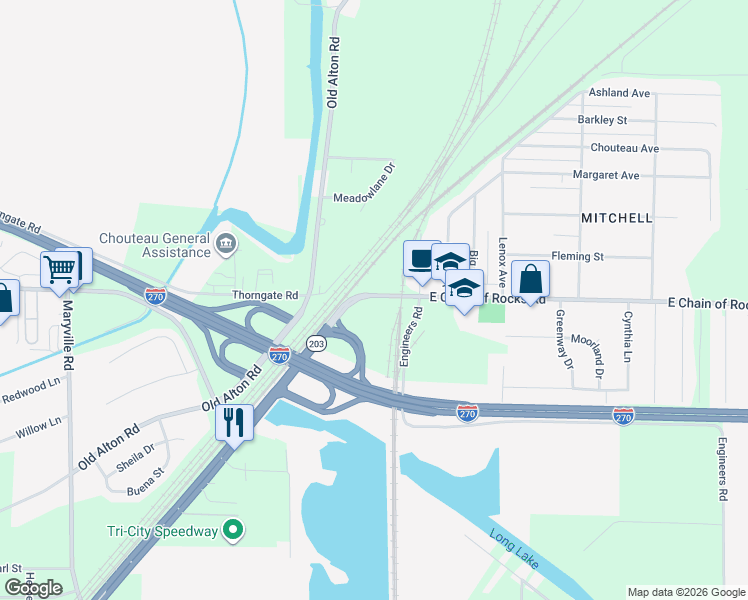 map of restaurants, bars, coffee shops, grocery stores, and more near 122 East Chain of Rocks Road in Granite City