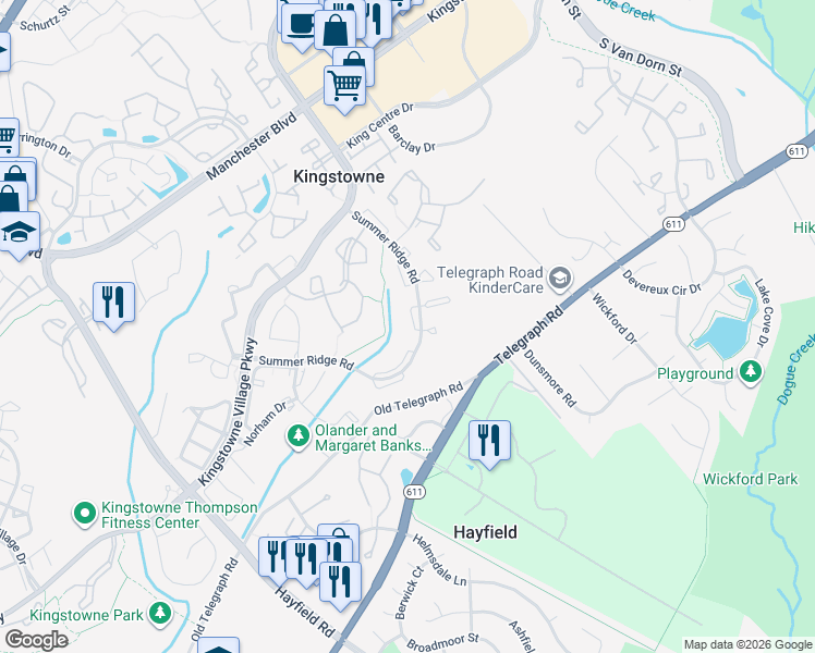 map of restaurants, bars, coffee shops, grocery stores, and more near 7230 Lensfield Court in Alexandria