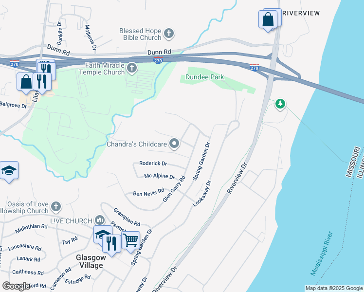 map of restaurants, bars, coffee shops, grocery stores, and more near 118 Monteith Circle in St. Louis