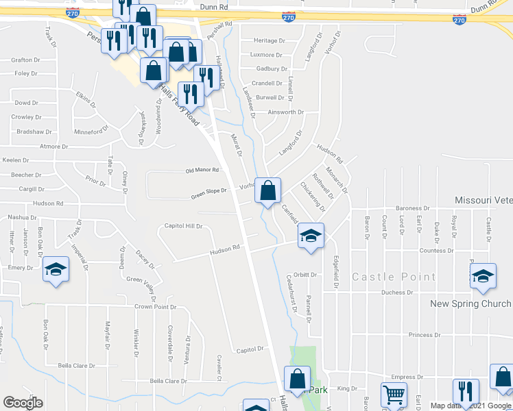 map of restaurants, bars, coffee shops, grocery stores, and more near 2220 Kipp Court in St. Louis