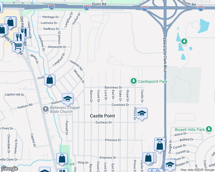map of restaurants, bars, coffee shops, grocery stores, and more near 10500 Lord Drive in St. Louis