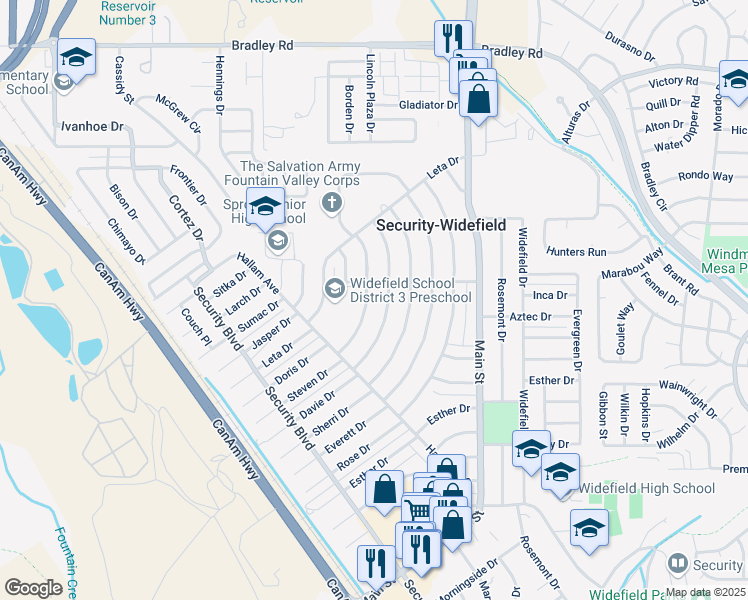 map of restaurants, bars, coffee shops, grocery stores, and more near 241 Steven Drive in Colorado Springs
