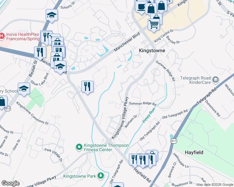 map of restaurants, bars, coffee shops, grocery stores, and more near 6132 Joust Lane in Alexandria