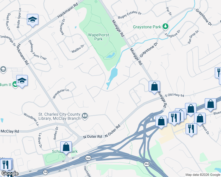 map of restaurants, bars, coffee shops, grocery stores, and more near 2377 Spring Mill Estates Drive in Saint Charles