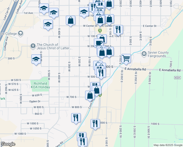 map of restaurants, bars, coffee shops, grocery stores, and more near 477 South 100 West in Richfield