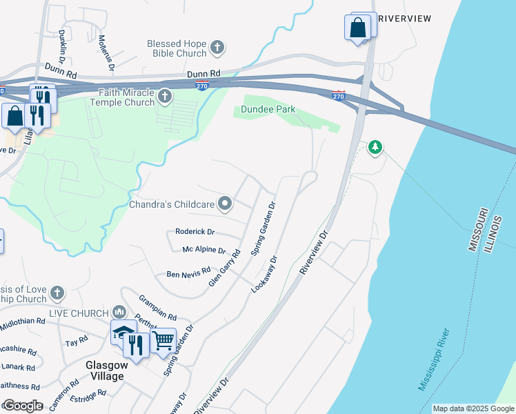 map of restaurants, bars, coffee shops, grocery stores, and more near 10824 Glen Garry Road in St. Louis