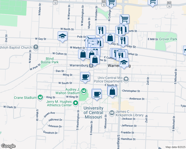 map of restaurants, bars, coffee shops, grocery stores, and more near 210 South Holden Street in Warrensburg