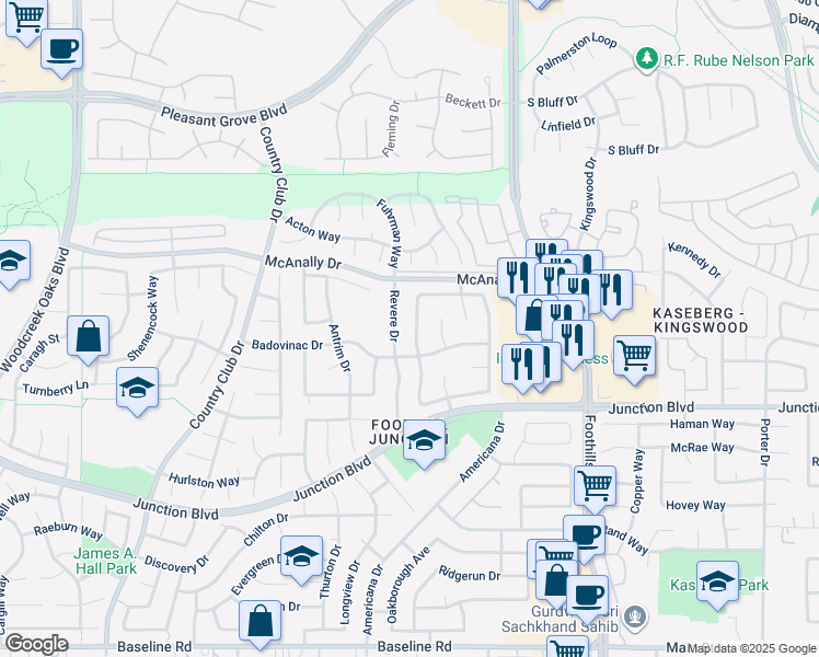 map of restaurants, bars, coffee shops, grocery stores, and more near 1488 Deerfield Circle in Roseville