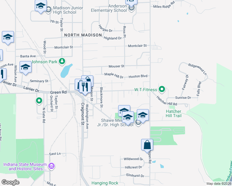 map of restaurants, bars, coffee shops, grocery stores, and more near 301 Green Road in Madison