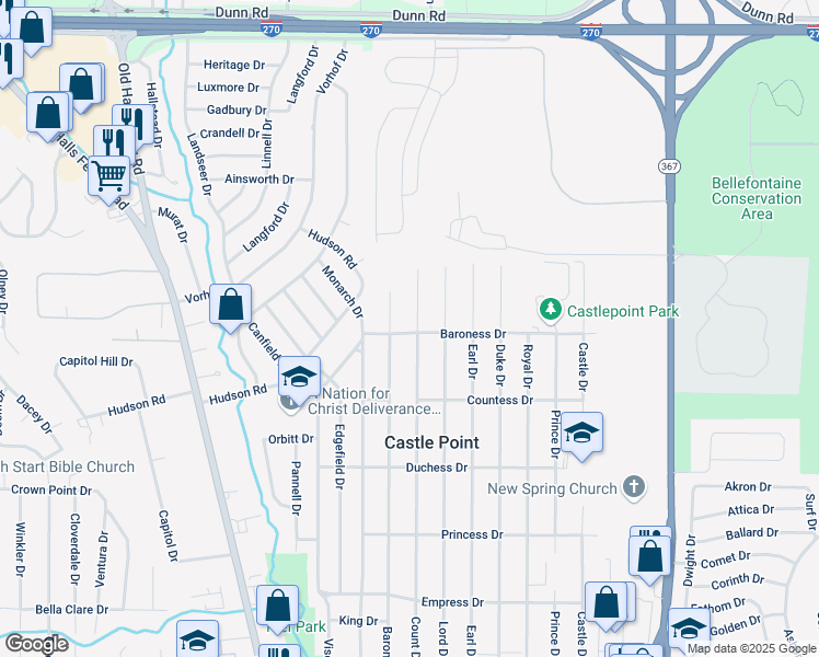 map of restaurants, bars, coffee shops, grocery stores, and more near 10501 Count Drive in St. Louis