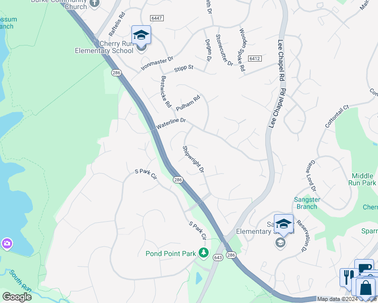 map of restaurants, bars, coffee shops, grocery stores, and more near 9628 Shipwright Drive in Burke