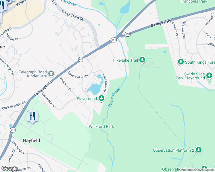 map of restaurants, bars, coffee shops, grocery stores, and more near 7171 Lake Cove Drive in Alexandria