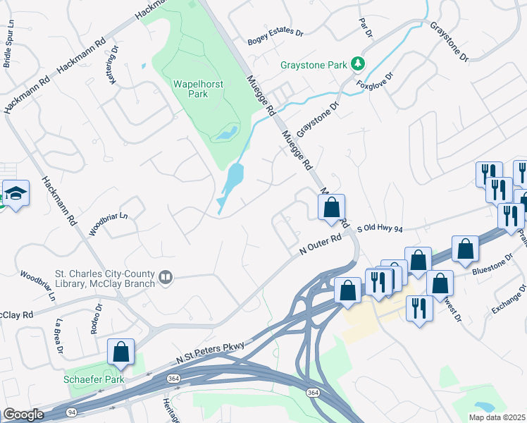 map of restaurants, bars, coffee shops, grocery stores, and more near 2362 Spring Mill Estates Drive in Saint Charles